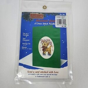 Christmas Green Card Cross Stitch Kits 1988 Reindeer Titan Needcraft Embossed